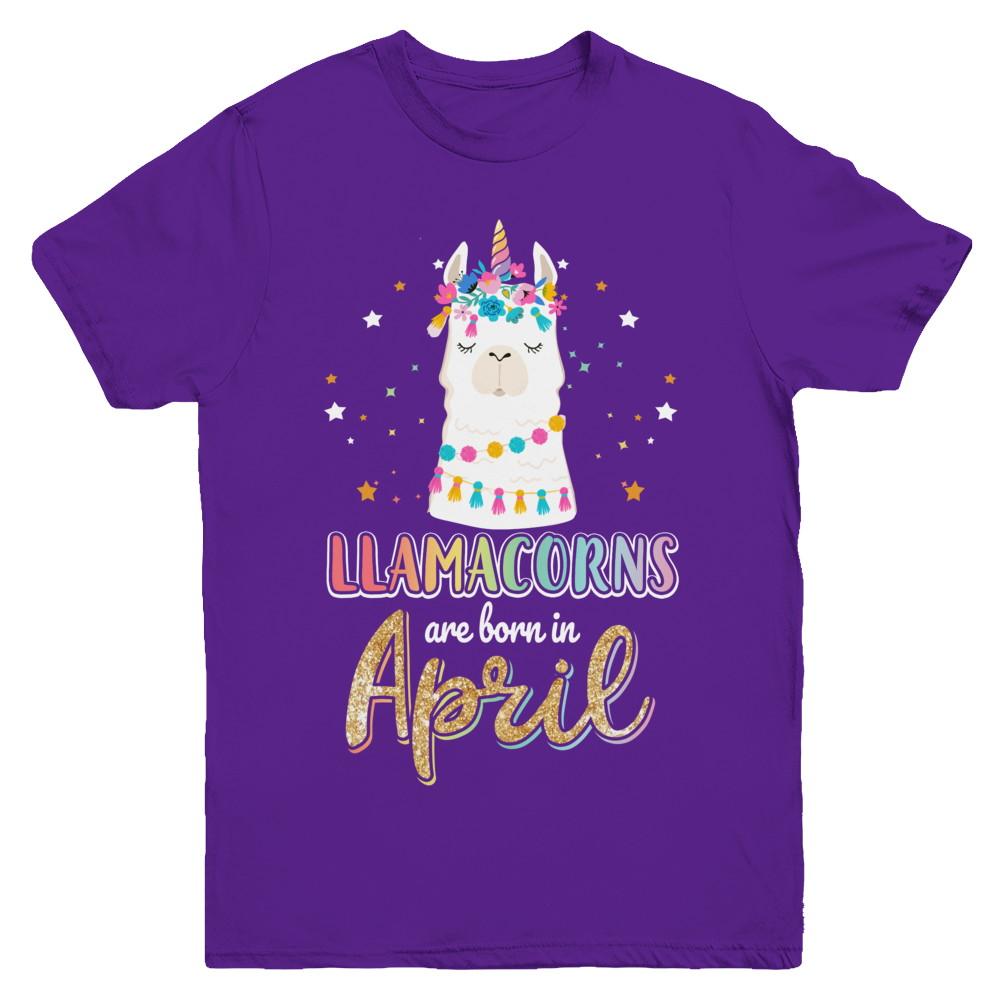 Llama Unicorn Llamacorns Born In April Birthday Gift Youth-Youth Shirt-Youth T-Shirt-Purple