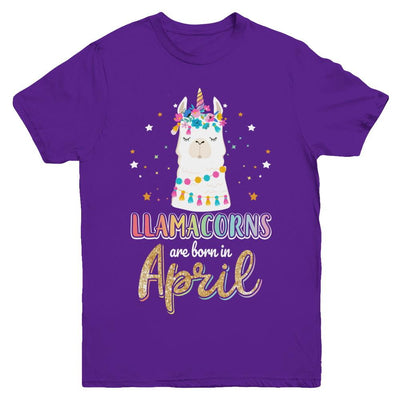 Llama Unicorn Llamacorns Born In April Birthday Gift Youth-Youth Shirt-Youth T-Shirt-Purple