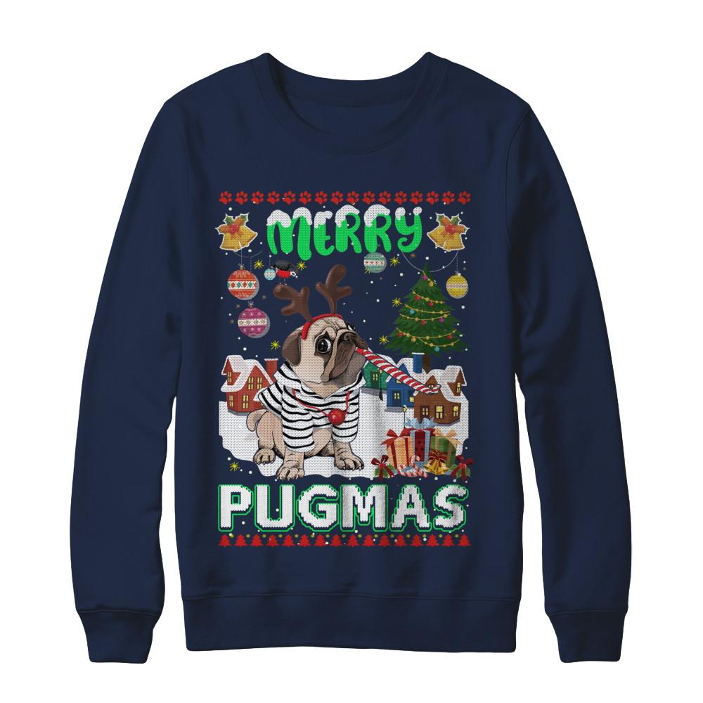 Cute Pug Christmas Merry Pugmas Ugly Sweater Christmas-T-Shirt & Sweatshirt-Crewneck Sweatshirt-Navy