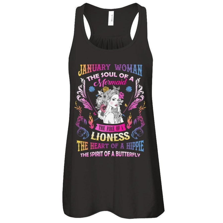 January Woman The Soul Of A Mermaid Birthday-T-Shirt & Tank Top-Women's Flowy Racerback Tank-Black