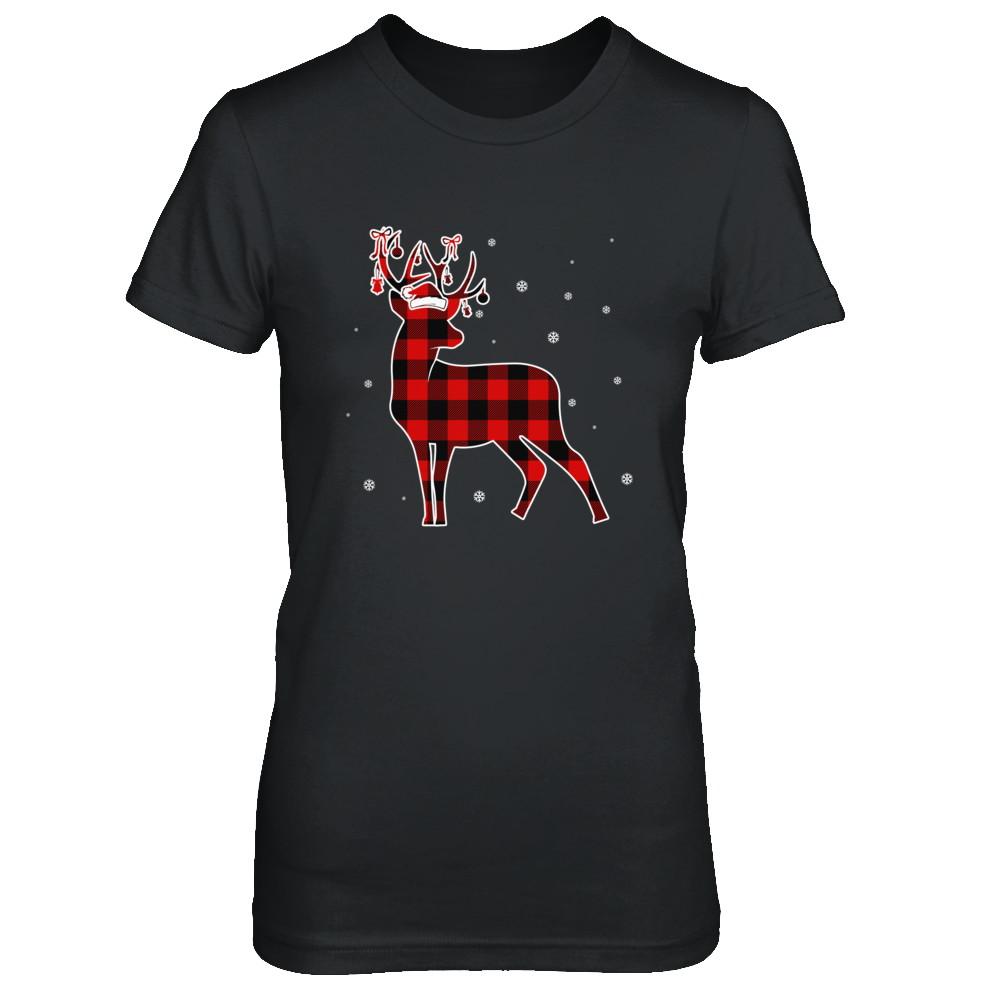 Red Plaid Deer Santa Hat Christmas Buffalo Plaid-T-Shirt & Sweatshirt-Women's T-Shirt-Black