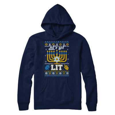 Funny Happy Hanukkah Chanukah Let's Get Lit Ugly Sweater-T-Shirt & Sweatshirt-Pullover Hoodie-Navy