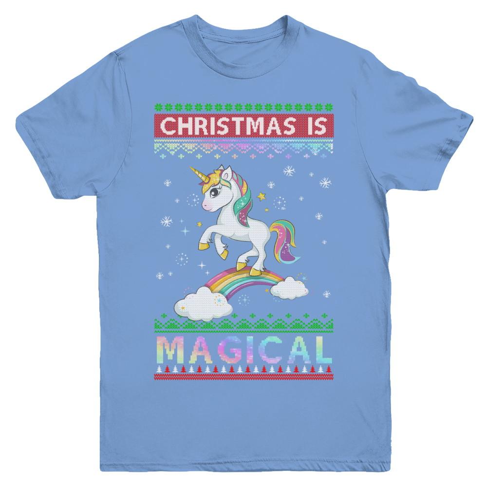 Christmas Is Magical Unicorn Ugly Christmas Sweater Youth-Youth Shirt-Youth T-Shirt-Carolina Blue