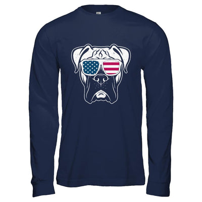 Boxer Dog American Flag Glasses 4Th Of July-T-Shirt & Hoodie-Long Sleeve T-Shirt-Navy