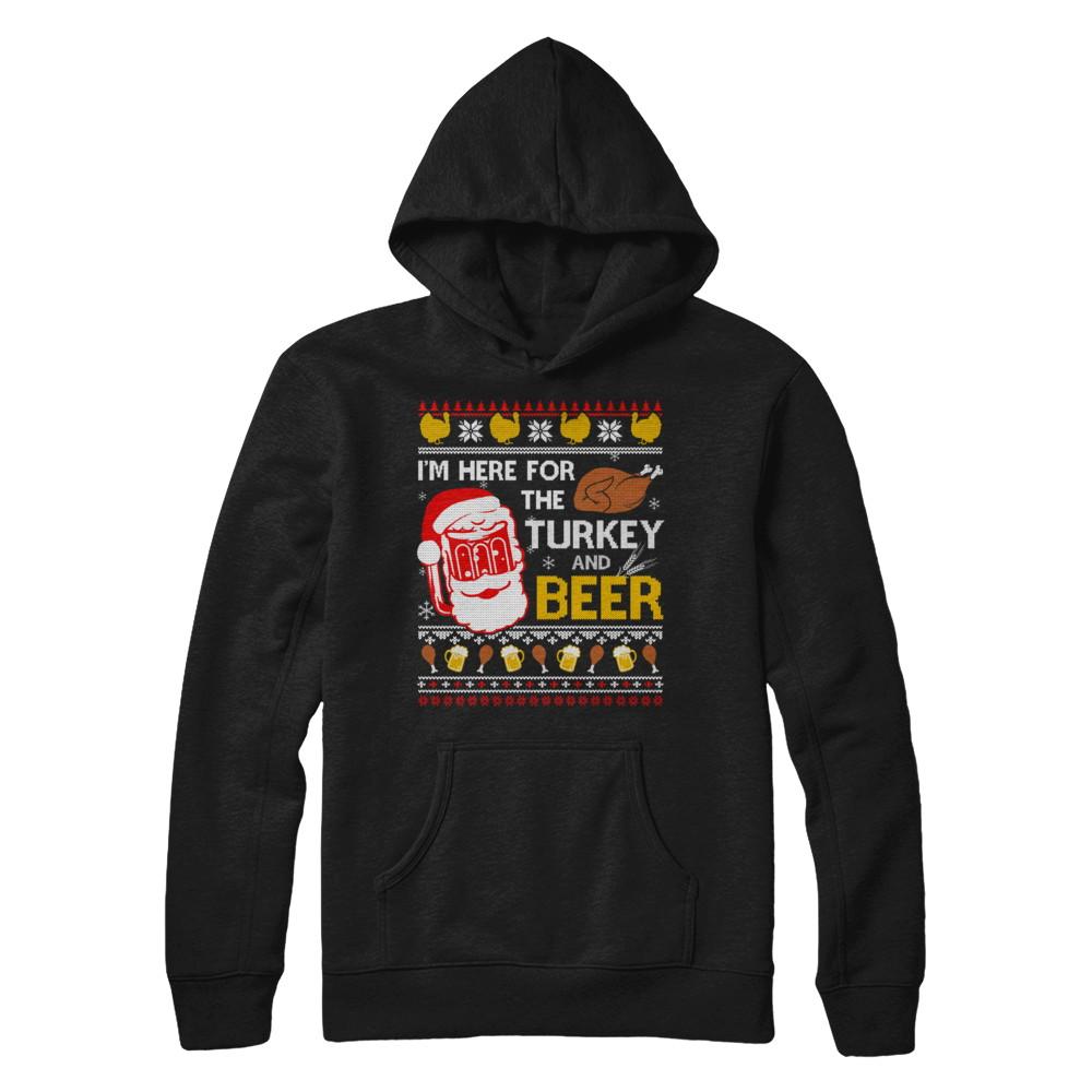 I Am Here For Turkey And Beer Ugly Sweater Thanksgiving-T-Shirt & Sweatshirt-Pullover Hoodie-Black