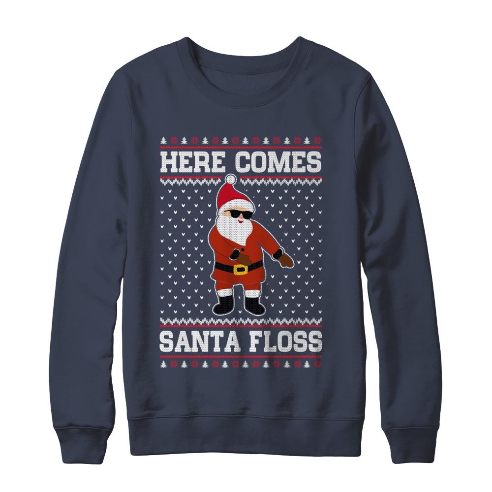 Here Comes Santa Floss Flossing Ugly Christmas Sweater-T-Shirt & Sweatshirt-Crewneck Sweatshirt-Navy