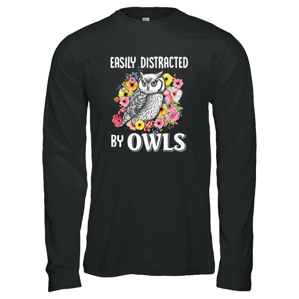 Easily Distracted By Owls-T-Shirt & Tank Top-Long Sleeve T-Shirt-Black