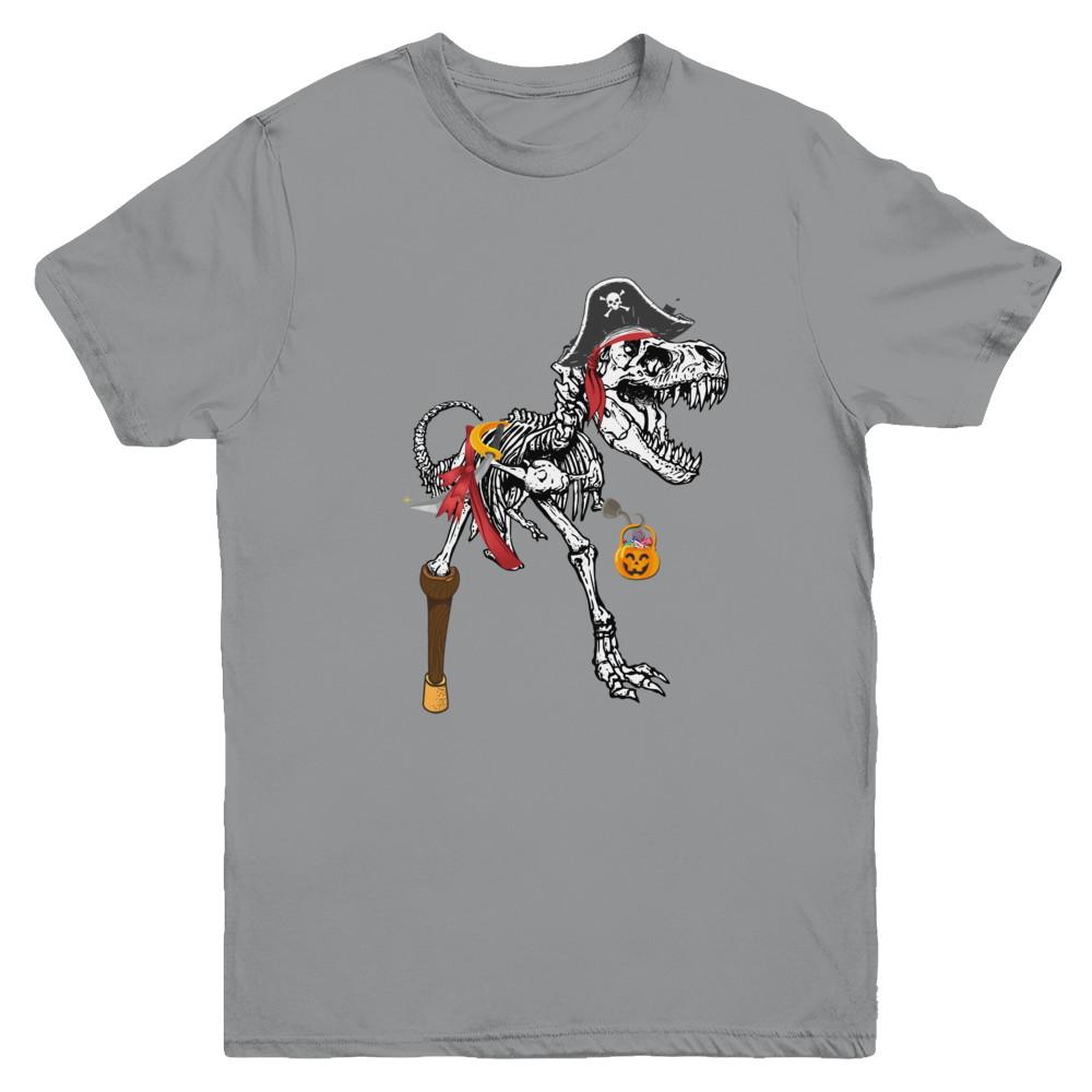 Dinosaurs T-Rex Skeleton Pirate Halloween Saurus For Kids Youth-Youth Shirt-Youth T-Shirt-Sport Grey