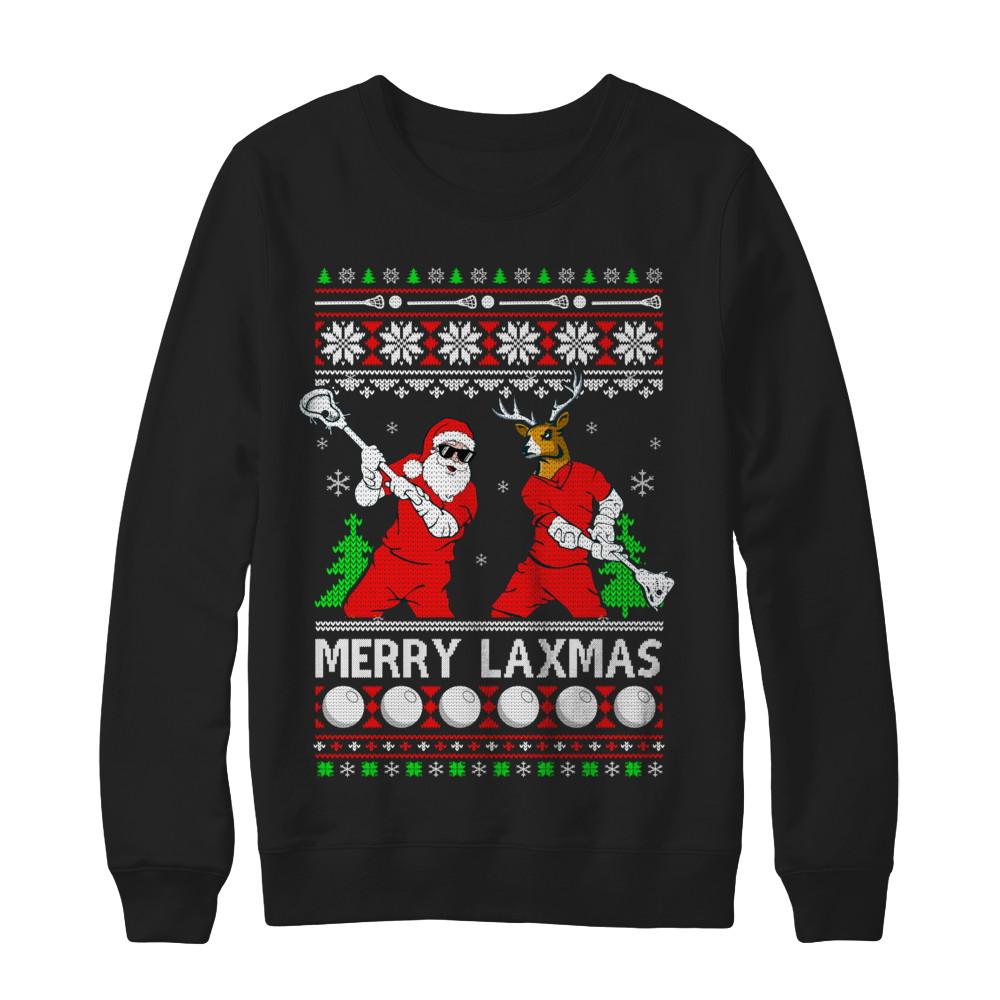 Lacrosse Santa Reindeer Merry Laxmas Ugly Christmas Sweater-T-Shirt & Sweatshirt-Crewneck Sweatshirt-Black