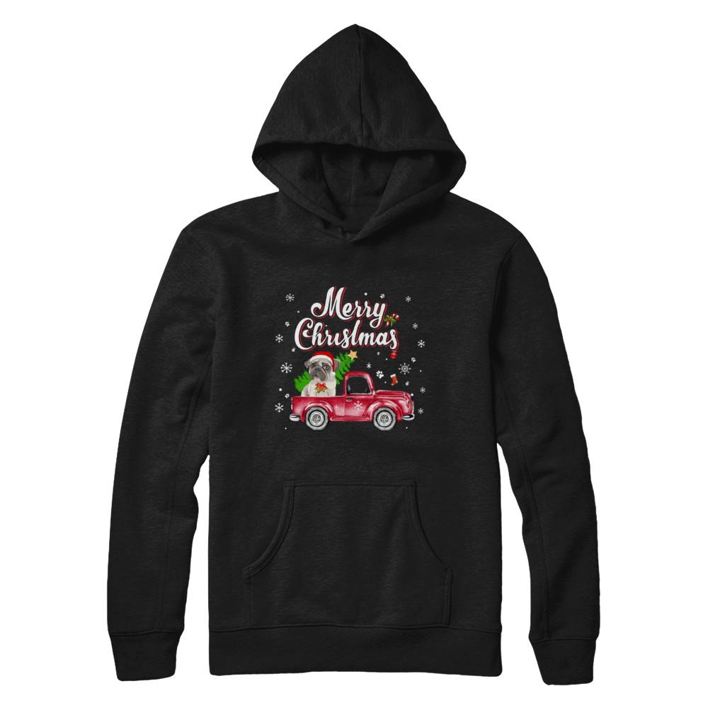 Pug Retriever Rides Red Truck Christmas Pajama-T-Shirt & Sweatshirt-Pullover Hoodie-Black