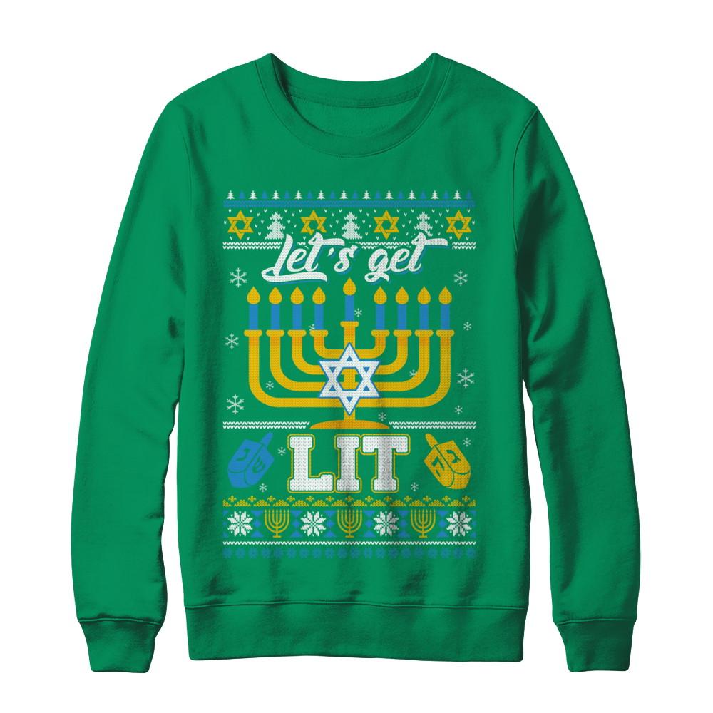 Funny Happy Hanukkah Chanukah Let's Get Lit Ugly Sweater-T-Shirt & Sweatshirt-Crewneck Sweatshirt-Irish Green