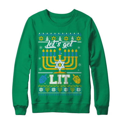 Funny Happy Hanukkah Chanukah Let's Get Lit Ugly Sweater-T-Shirt & Sweatshirt-Crewneck Sweatshirt-Irish Green