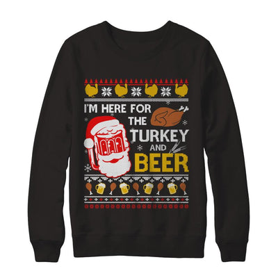 I Am Here For Turkey And Beer Ugly Sweater Thanksgiving-T-Shirt & Sweatshirt-Crewneck Sweatshirt-Black
