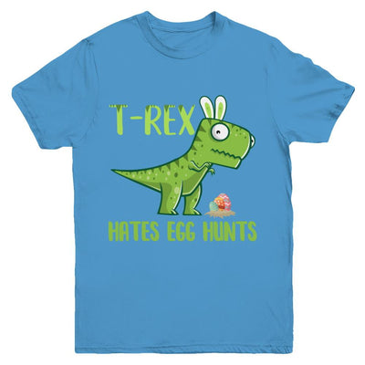 Funny Easter Bunny Dinosaur T-Rex Hates Egg Hunts Youth-Youth Shirt-Youth T-Shirt-Carolina Blue