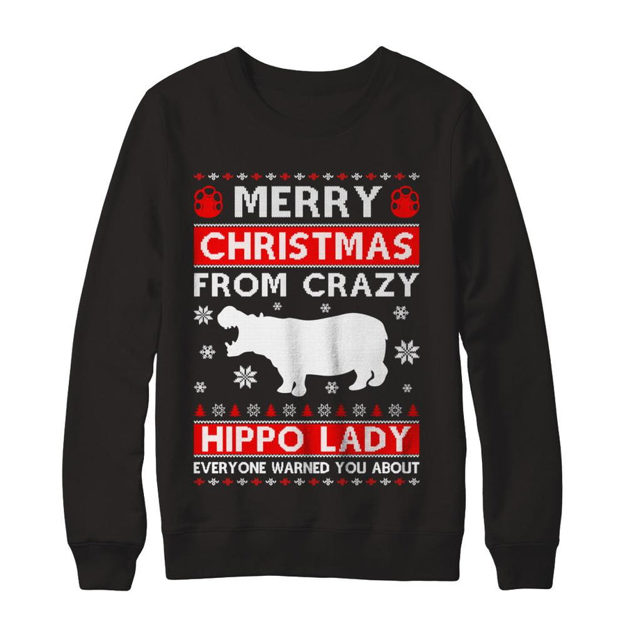 Merry Christmas From Crazy Hippo Lady Sweater-T-Shirt & Sweatshirt-Crewneck Sweatshirt-Black