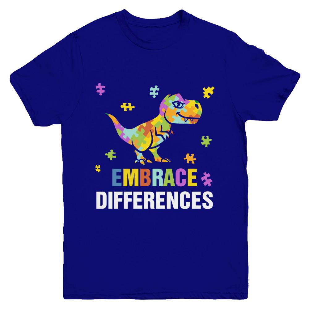 Autism Awareness Puzzle Piece Dinosaur Embrace Differences Youth-Youth Shirt-