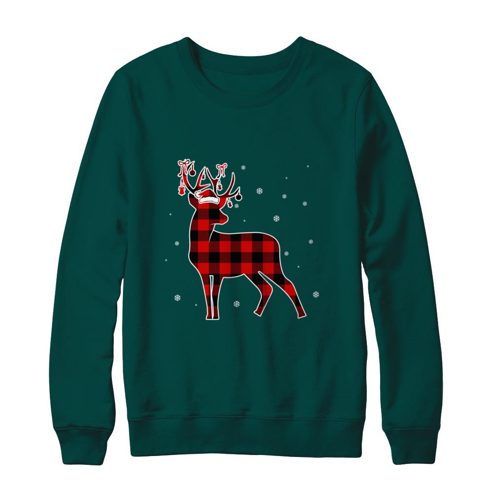 Red Plaid Deer Santa Hat Christmas Buffalo Plaid-T-Shirt & Sweatshirt-Crewneck Sweatshirt-Deep Forest