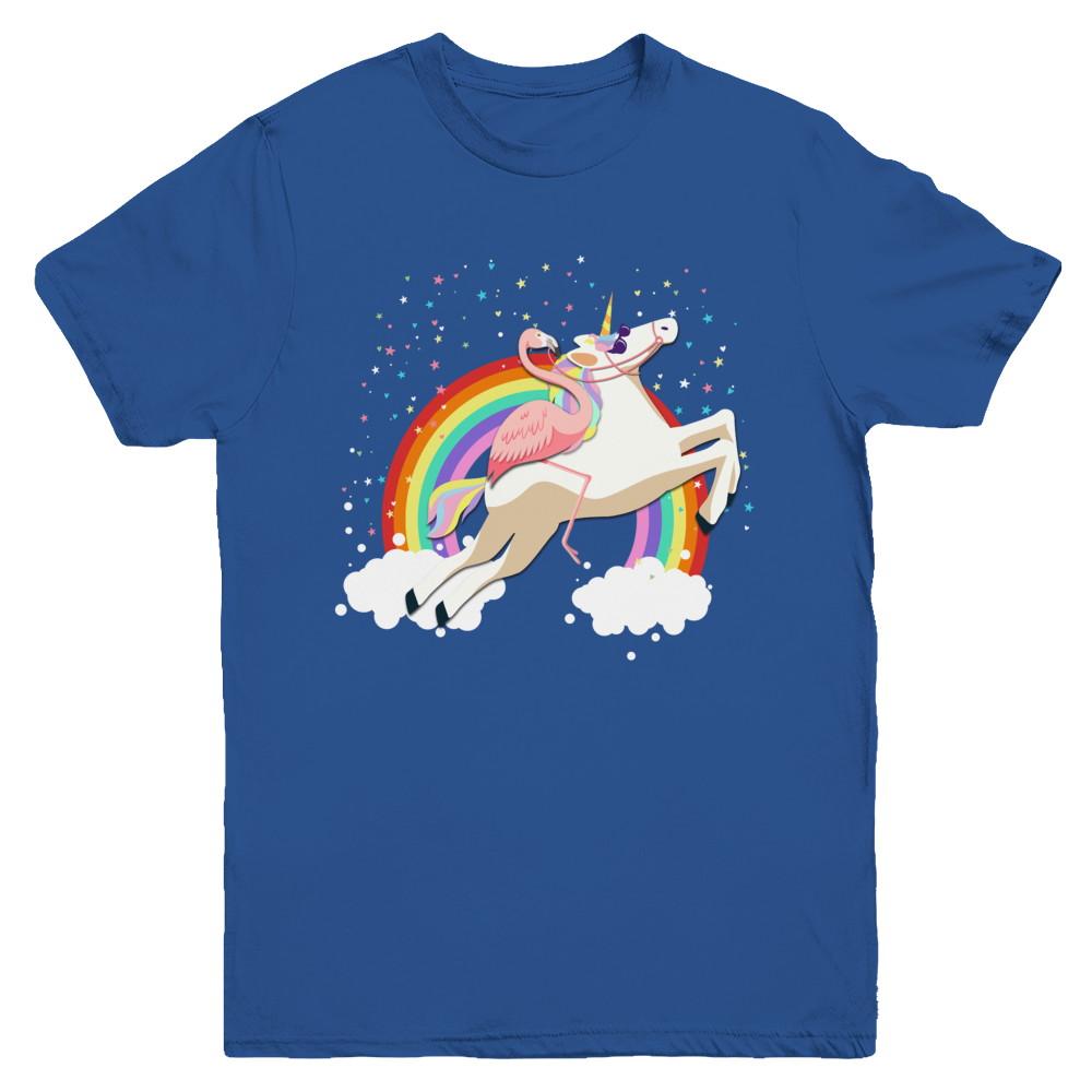 Flamingo Pink Bird Riding Unicorn Youth-Youth Shirt-Youth T-Shirt-Royal
