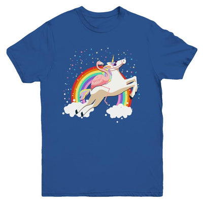 Flamingo Pink Bird Riding Unicorn Youth-Youth Shirt-Youth T-Shirt-Royal