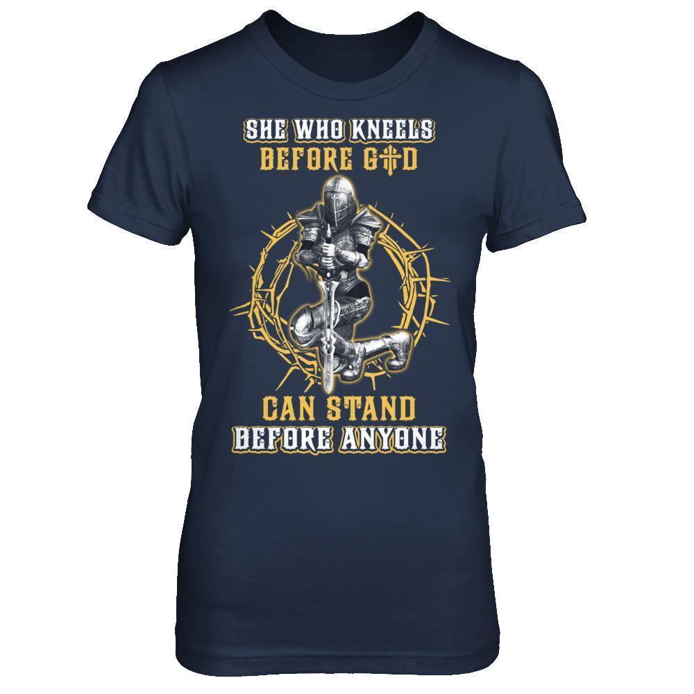 Knight Templar She Who Kneels Before God Can Stand Before Anyone-T-Shirt & Hoodie-Women's T-Shirt-Navy