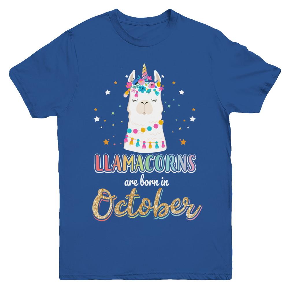 Llama Unicorn Llamacorns Born In October Birthday Gift Youth-Youth Shirt-Youth T-Shirt-Royal