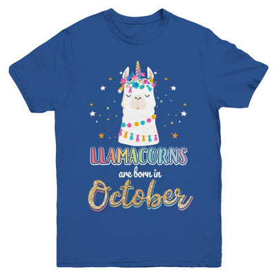 Llama Unicorn Llamacorns Born In October Birthday Gift Youth-Youth Shirt-Youth T-Shirt-Royal