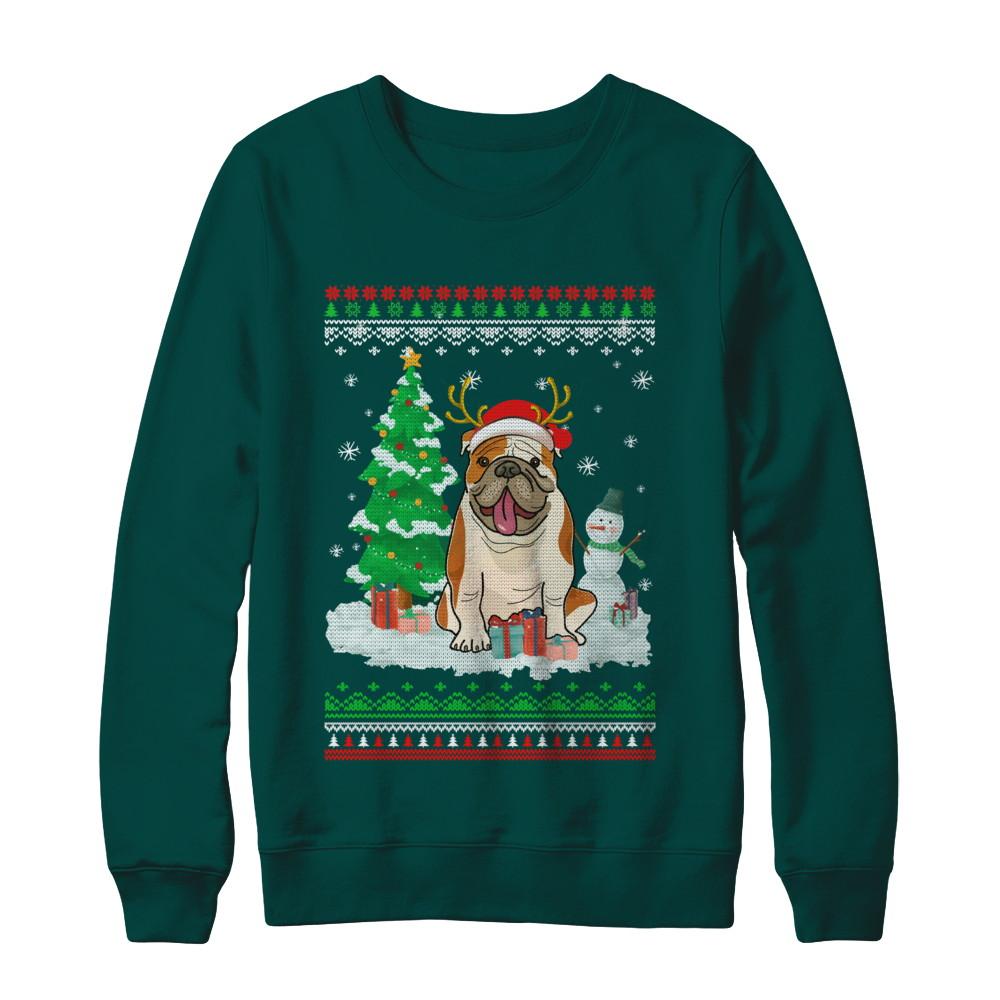 Cute Reindeer Bulldog Christmas Puppie Dog Sweater-T-Shirt & Sweatshirt-Crewneck Sweatshirt-Deep Forest