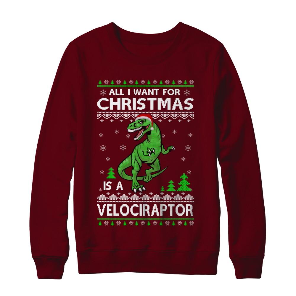 Funny Velociraptor Dinosaur Christmas Ugly Sweater-T-Shirt & Sweatshirt-Crewneck Sweatshirt-Maroon