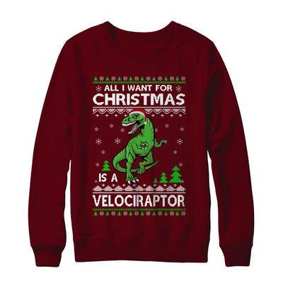 Funny Velociraptor Dinosaur Christmas Ugly Sweater-T-Shirt & Sweatshirt-Crewneck Sweatshirt-Maroon