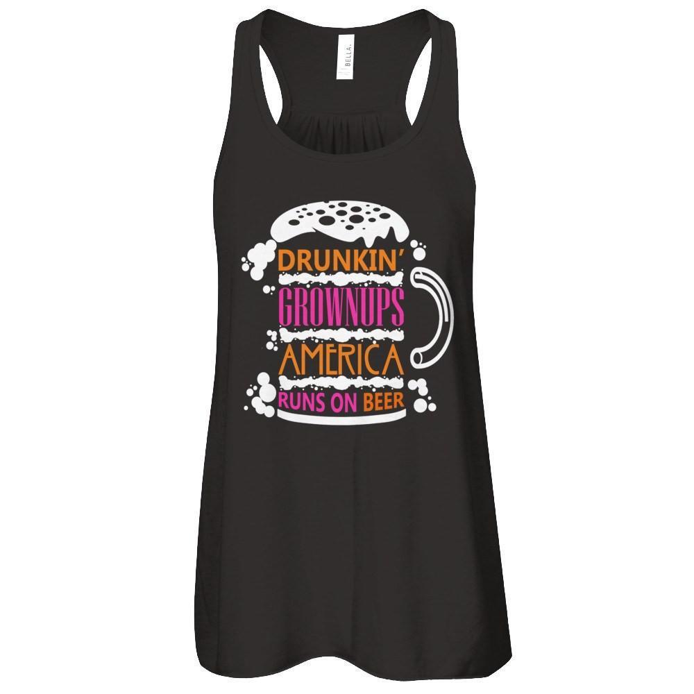 Drunkin' Grownups America Runs On Beer-T-Shirt & Hoodie-Women's Flowy Racerback Tank-Black