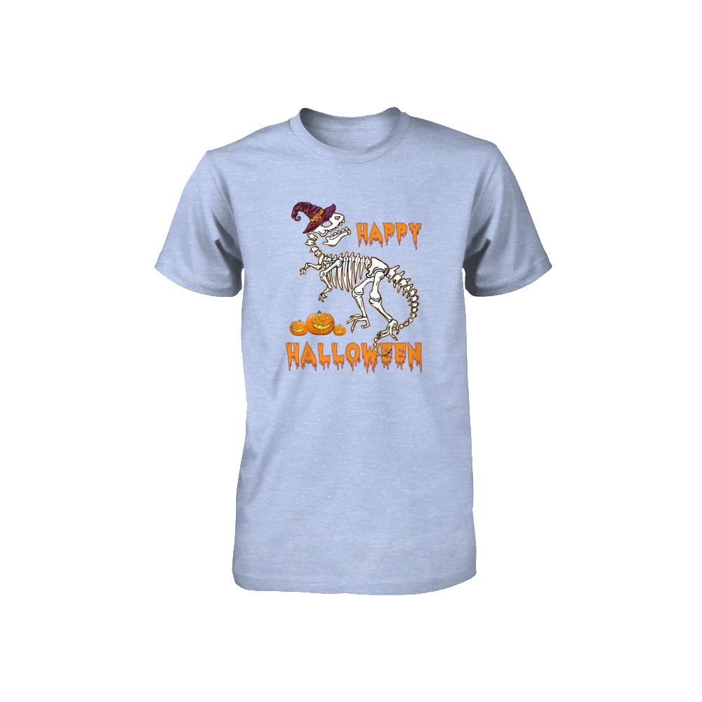 Funny Happy Halloween T-Rex Skeleton Dinosaur Youth-Youth Shirt-Youth T-Shirt-Blue Triblend