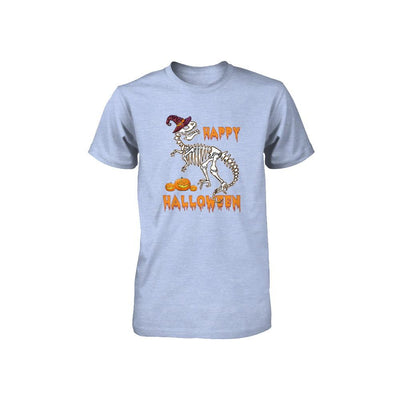 Funny Happy Halloween T-Rex Skeleton Dinosaur Youth-Youth Shirt-Youth T-Shirt-Blue Triblend