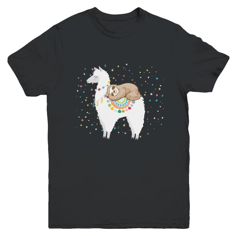 Funny Sloth Riding Llama Lover Youth-Youth Shirt-Youth T-Shirt-Black