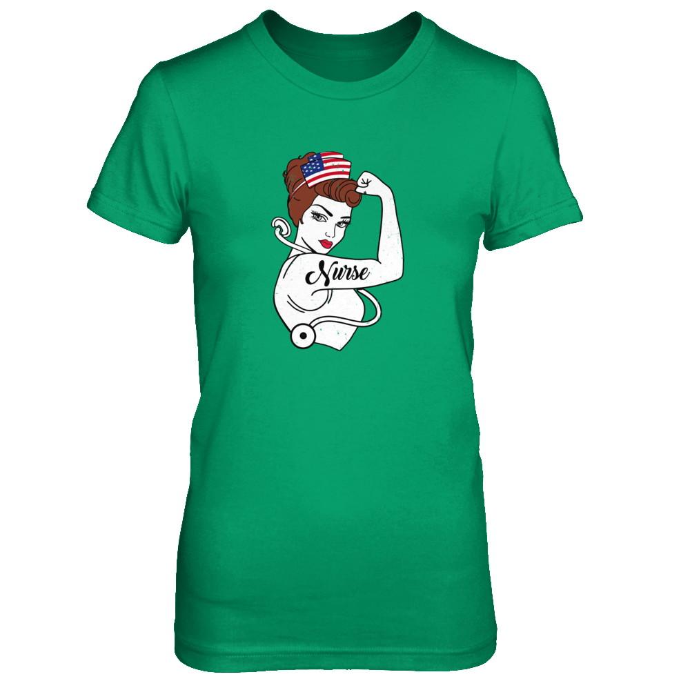 Nurse Vet Strong Woman American Flag Nursing 4Th Of July-T-Shirt & Tank Top-Women's T-Shirt-Irish Green