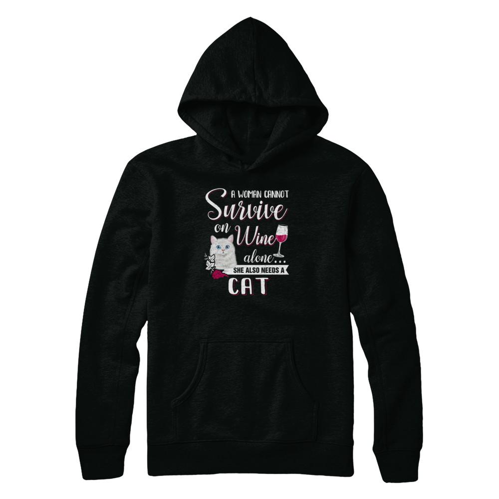 A Woman Can't Survive On Wine Alone Cat-T-Shirt & Tank Top-Pullover Hoodie-Black