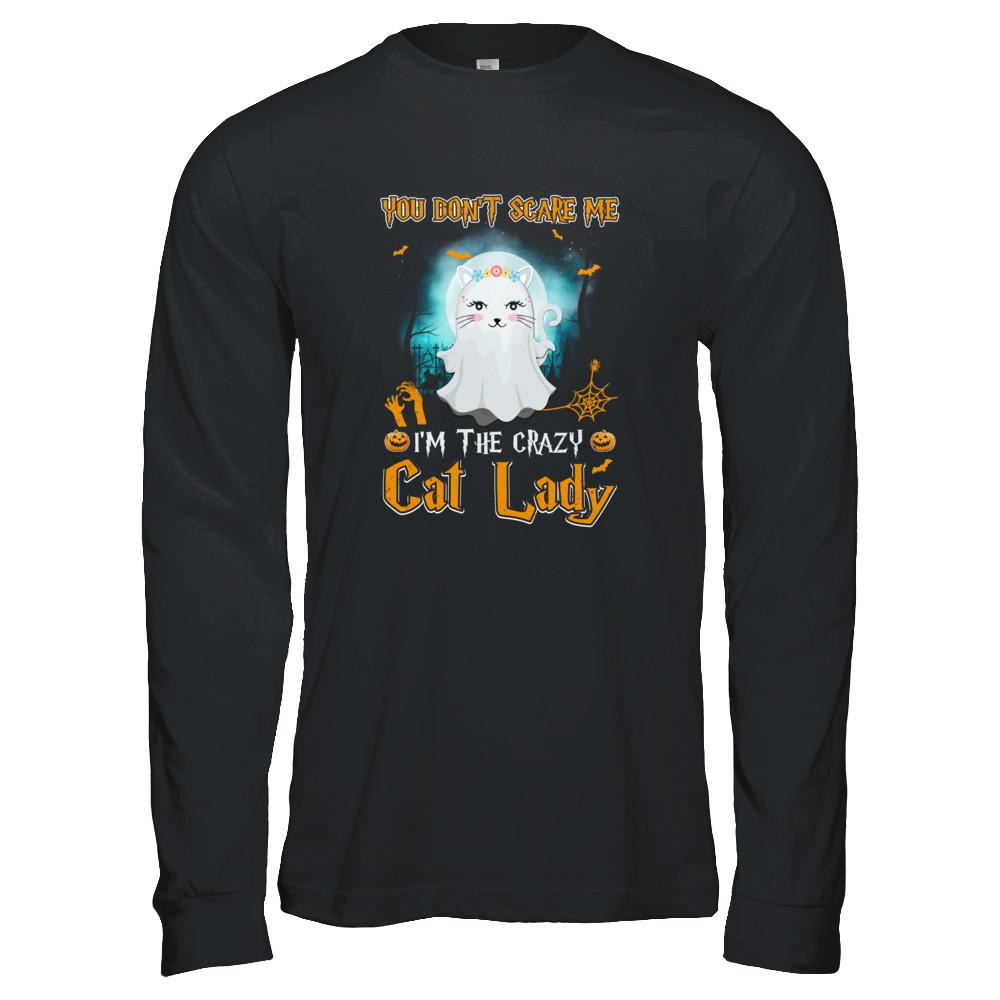 You Don't Scare Me I'm A Crazy Cat Lady Ghost Halloween-T-Shirt & Tank Top-Long Sleeve T-Shirt-Black