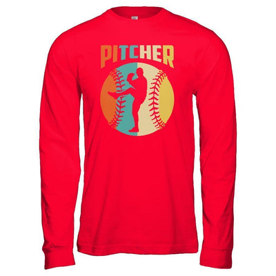 Classic Vintage Retro Style Pitcher Baseball-T-Shirt & Hoodie-Long Sleeve T-Shirt-Red