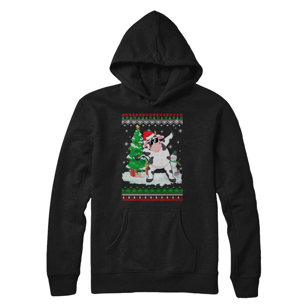 Santa Hat Cow Dabbing Christmas Ugly Sweater-T-Shirt & Sweatshirt-Pullover Hoodie-Black