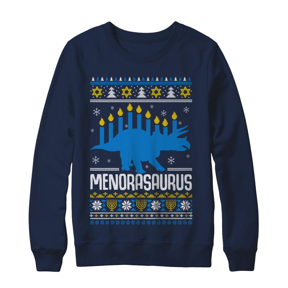 Funny Ugly Hanukkah Dinosaur Menorasaurus Sweater-T-Shirt & Sweatshirt-Crewneck Sweatshirt-Navy