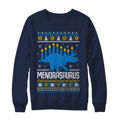 Funny Ugly Hanukkah Dinosaur Menorasaurus Sweater-T-Shirt & Sweatshirt-Crewneck Sweatshirt-Navy