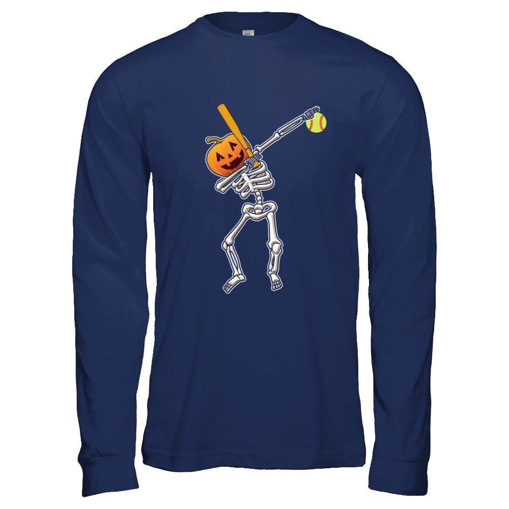 Halloween Dabbing Skeleton Softball-T-Shirt & Hoodie-Long Sleeve T-Shirt-Navy