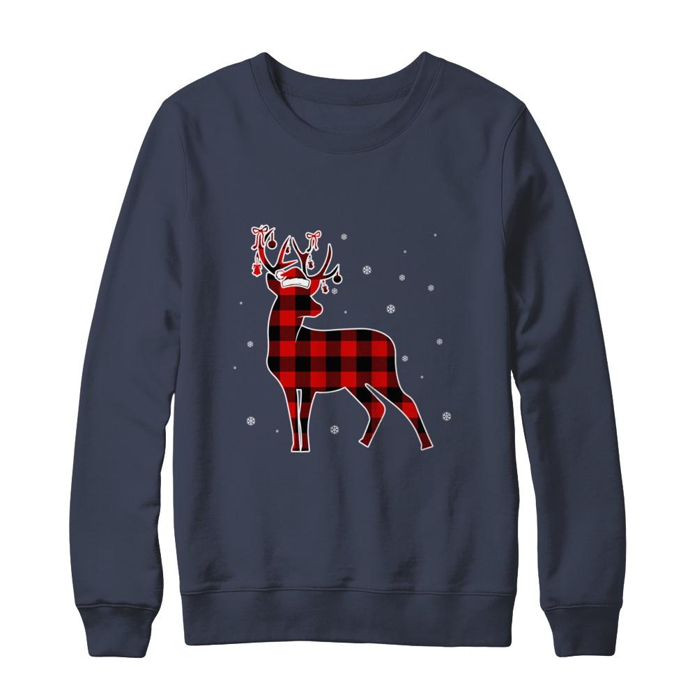 Red Plaid Deer Santa Hat Christmas Buffalo Plaid-T-Shirt & Sweatshirt-Crewneck Sweatshirt-Navy