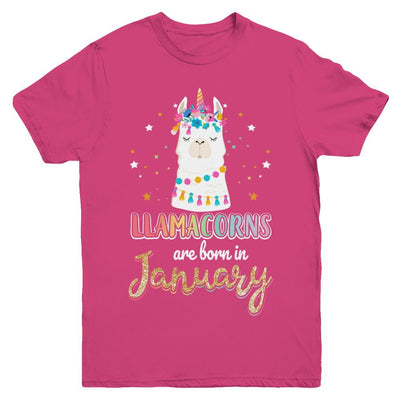 Llama Unicorn Llamacorns Born In January Birthday Gift Youth-Youth Shirt-Youth T-Shirt-Heliconia