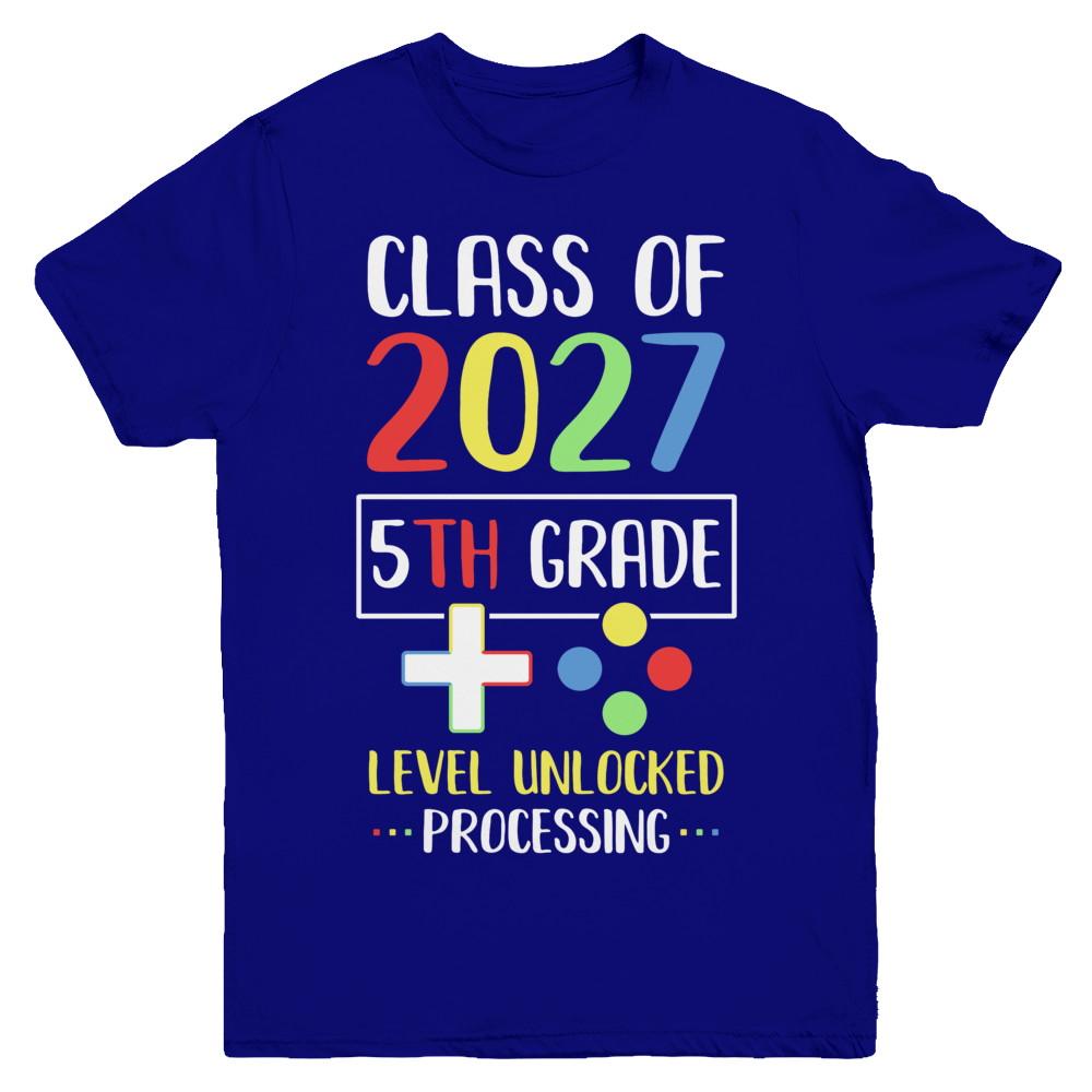 Class Of 2027 5th Grade Level Unlock Gaming Back Go School Youth-Youth Shirt-Youth T-Shirt-Navy