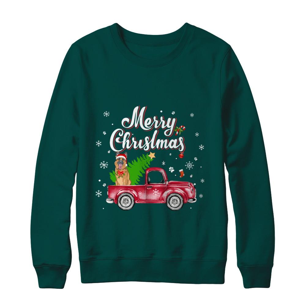 German Shepherd Retriever Rides Red Truck Christmas Pajama-T-Shirt & Sweatshirt-Crewneck Sweatshirt-Deep Forest