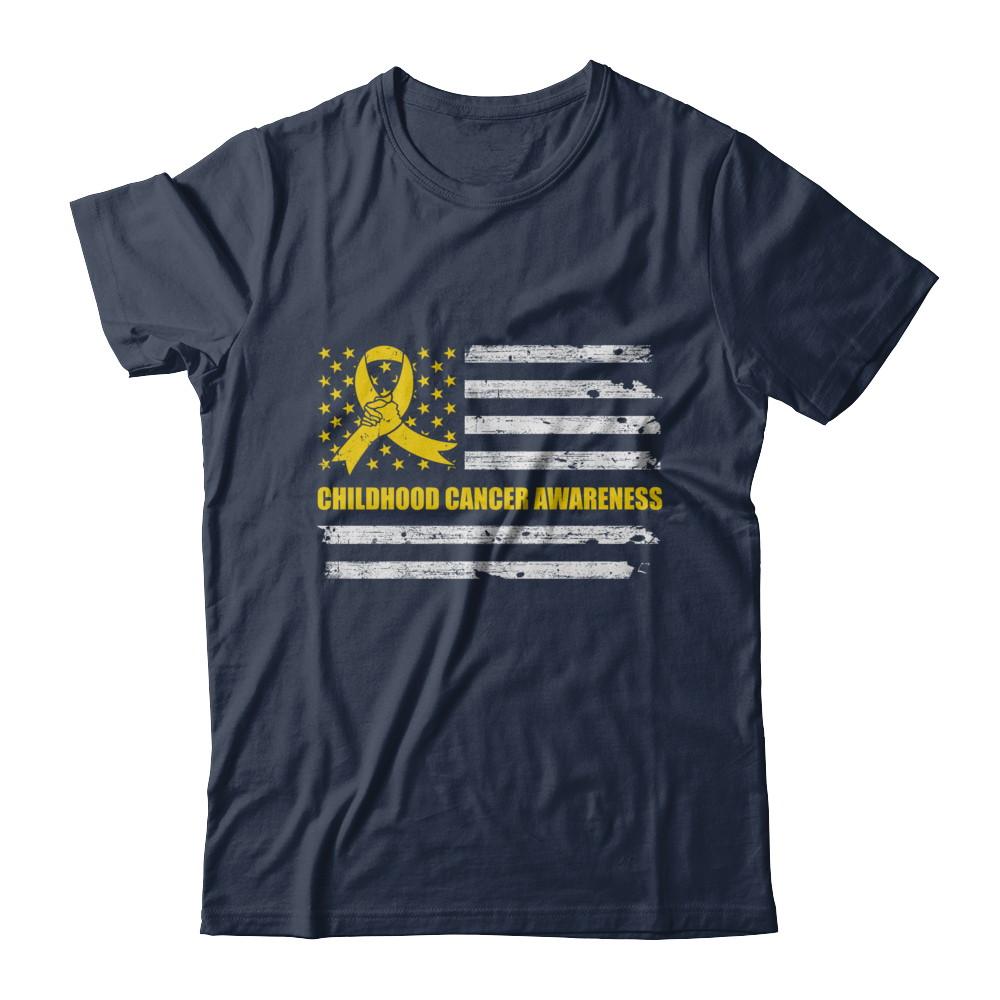 Yellow Ribbon Childhood Cancer Awareness US Flag-T-Shirt & Hoodie-Classic T-Shirt-Navy