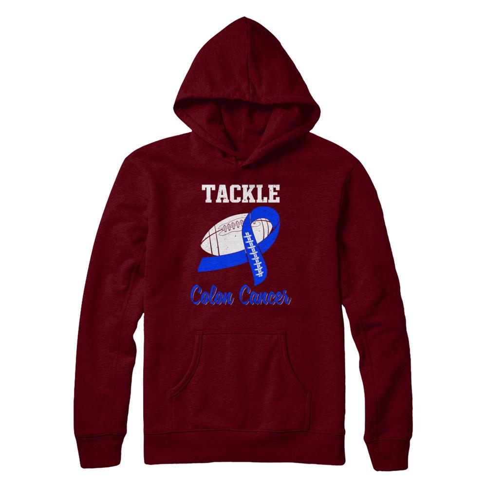 Football Survivor Tackle Blue Colon Cancer Awareness-T-Shirt & Hoodie-Pullover Hoodie-Maroon