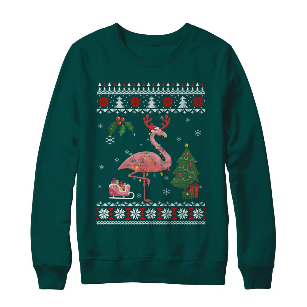 Santa Hat Flamingo Reindeer Ugly Christmas Sweater-T-Shirt & Sweatshirt-Crewneck Sweatshirt-Deep Forest