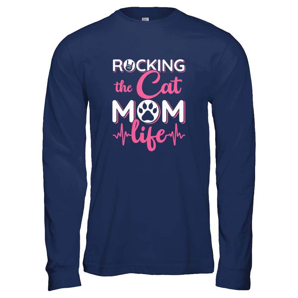 Rocking The Cat Mom Life-T-Shirt & Tank Top-Long Sleeve T-Shirt-Navy