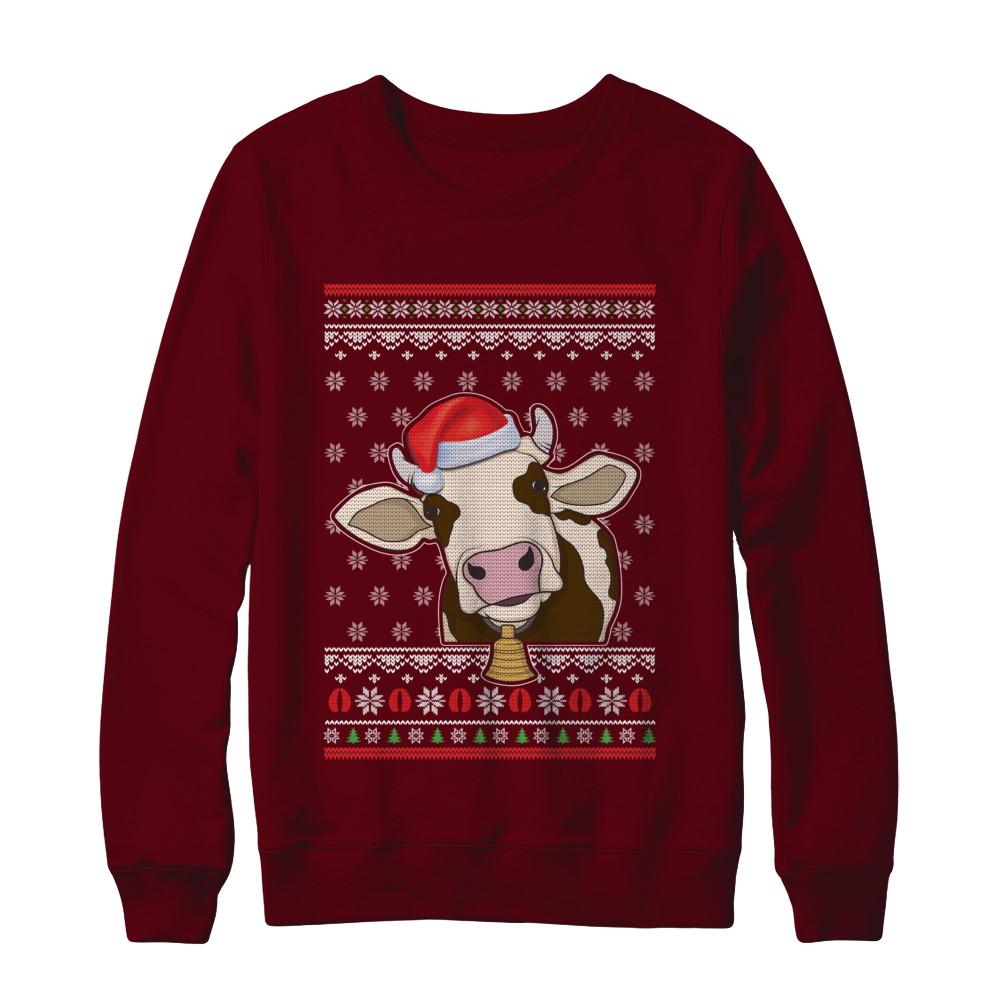 Pajamas Cow With Santa Hat Ugly Christmas Sweater-T-Shirt & Sweatshirt-Crewneck Sweatshirt-Maroon